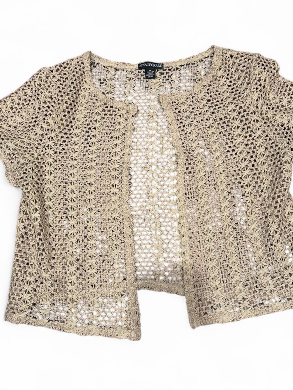 Nina Leonard Crochet Short-Sleeve Cardigan - Sand